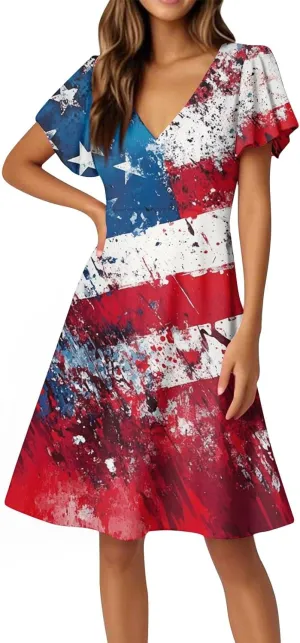 4Th of July Summer Midi Dress Women V Neck Short Sleeve A Line Red White and Blue Dress Patriotic American Flag Outfits