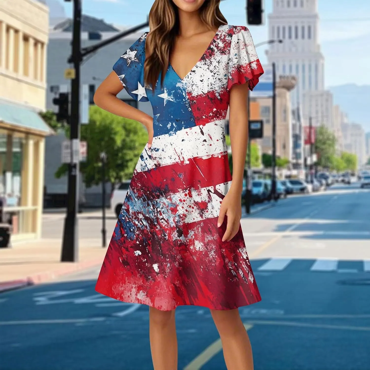 4Th of July Summer Midi Dress Women V Neck Short Sleeve A Line Red White and Blue Dress Patriotic American Flag Outfits