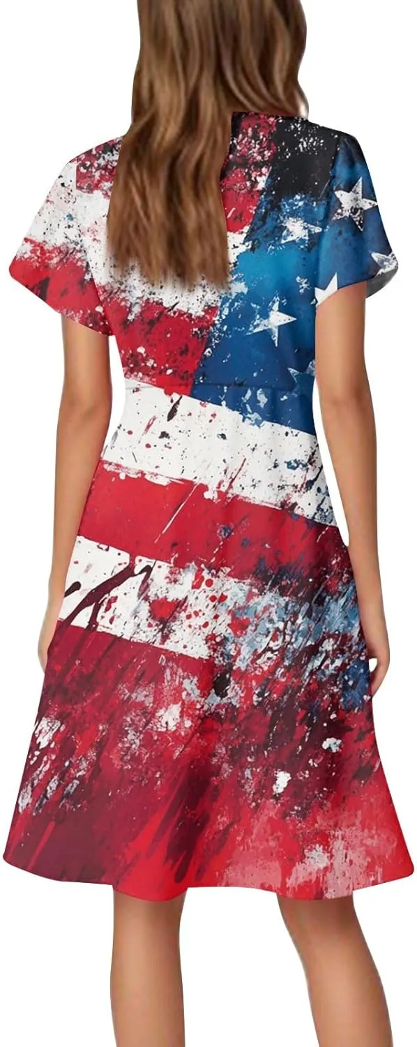 4Th of July Summer Midi Dress Women V Neck Short Sleeve A Line Red White and Blue Dress Patriotic American Flag Outfits