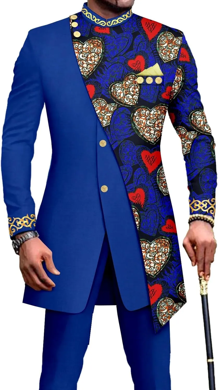 African Suits for Men Embroidery Print Blazer and Pants Set Business Suit Party Wedding Evening