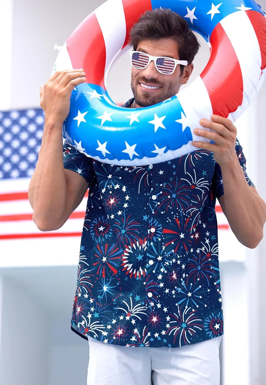 Arvilhill Men American Flag Button Shirt 4th of July Short Sleeve Shirts (S-3XL)
