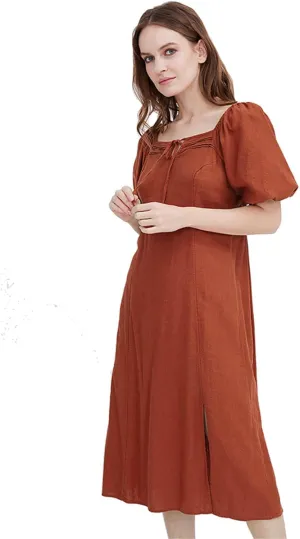 ASSUAL Womens Square Neck Midi Dress Short Puff Sleeve Side Split Smocked Back Casual Linen Dress for Summer