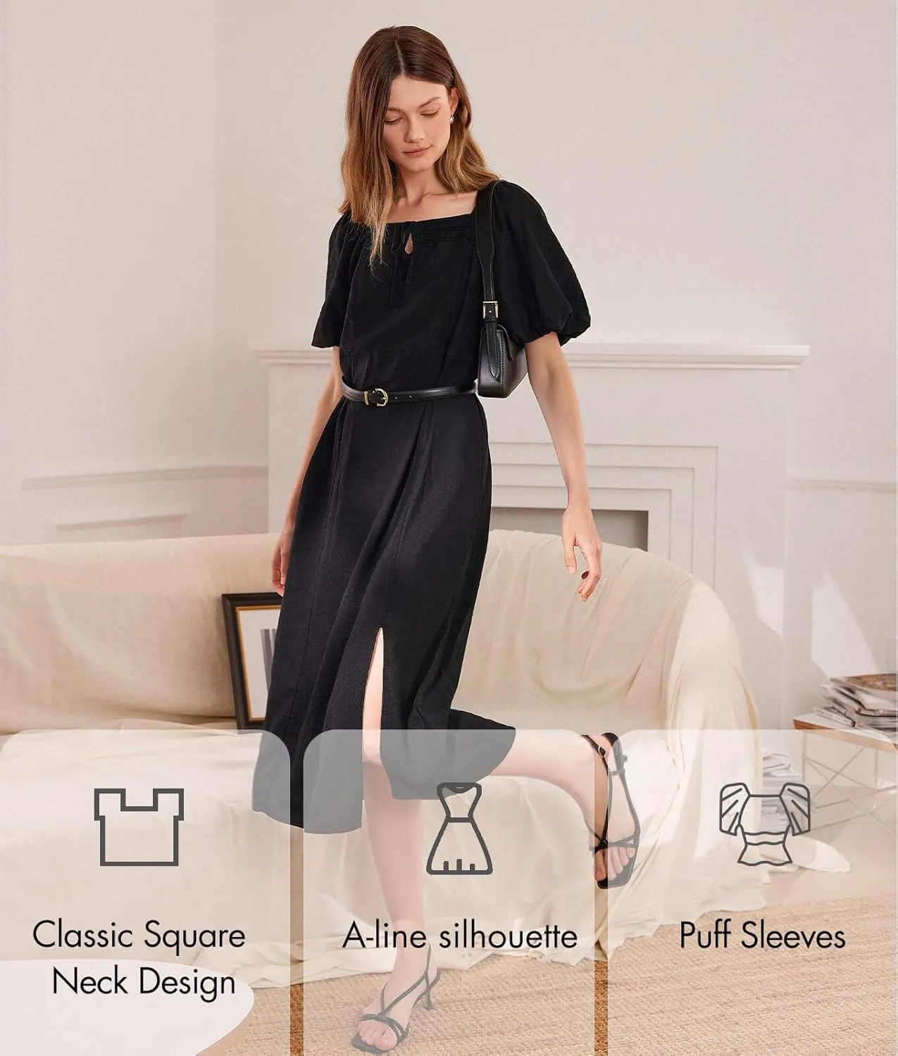 ASSUAL Womens Square Neck Midi Dress Short Puff Sleeve Side Split Smocked Back Casual Linen Dress for Summer
