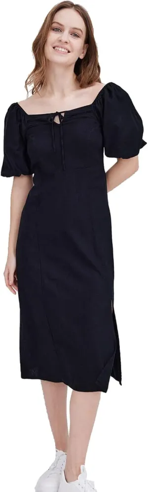 ASSUAL Womens Square Neck Midi Dress Short Puff Sleeve Side Split Smocked Back Casual Linen Dress for Summer