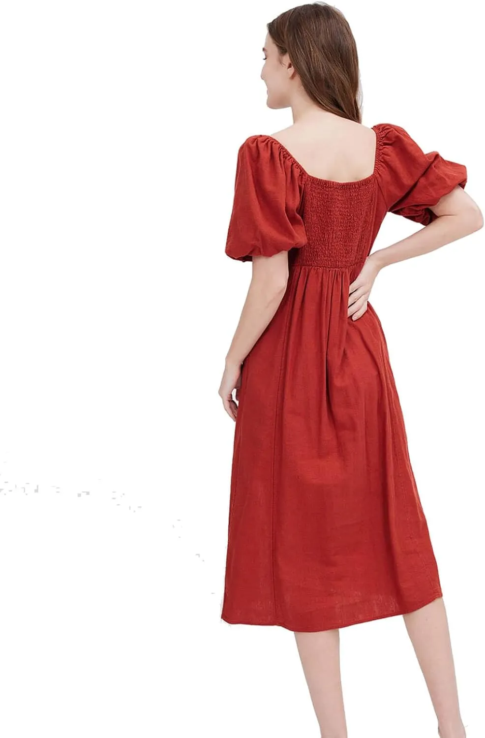 ASSUAL Womens Square Neck Midi Dress Short Puff Sleeve Side Split Smocked Back Casual Linen Dress for Summer