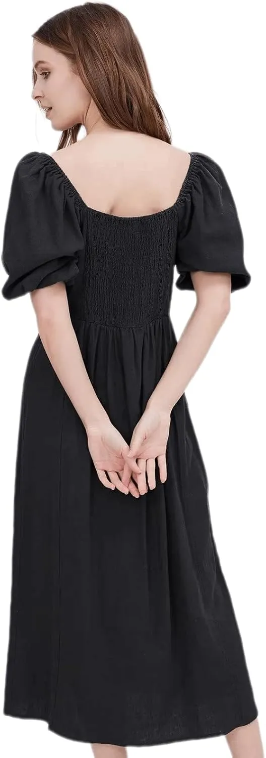 ASSUAL Womens Square Neck Midi Dress Short Puff Sleeve Side Split Smocked Back Casual Linen Dress for Summer