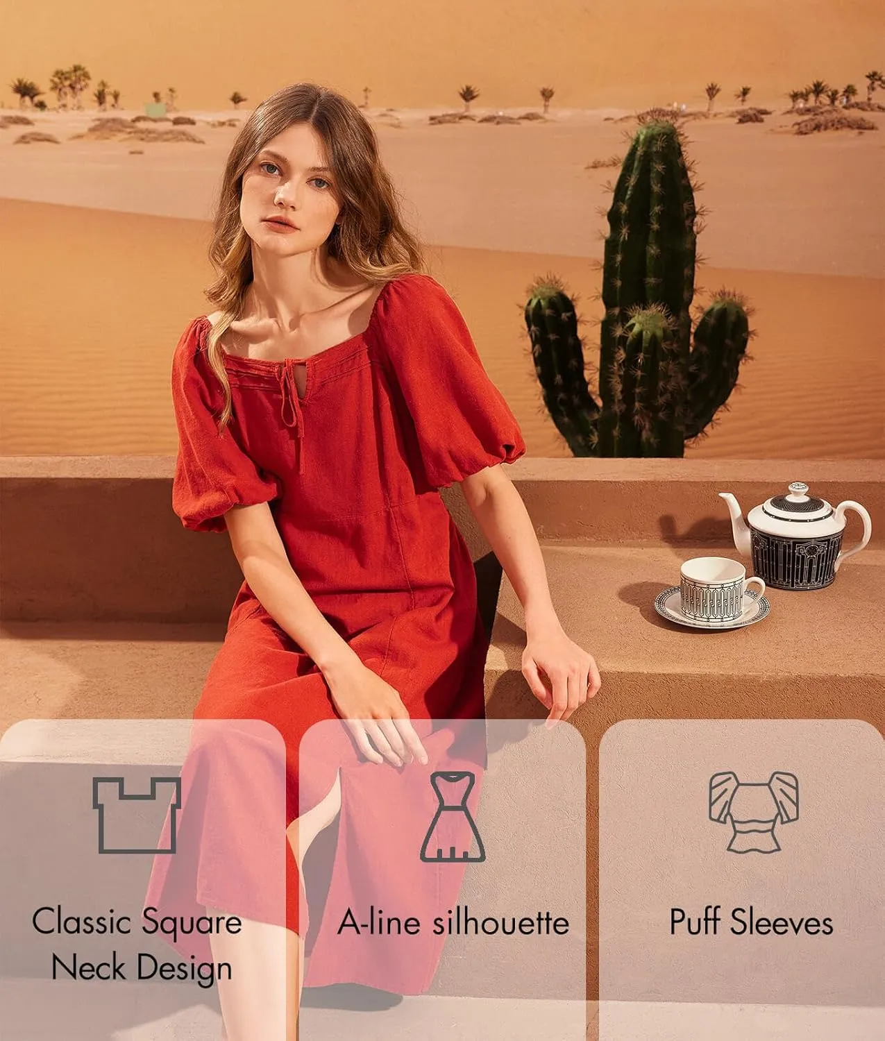 ASSUAL Womens Square Neck Midi Dress Short Puff Sleeve Side Split Smocked Back Casual Linen Dress for Summer