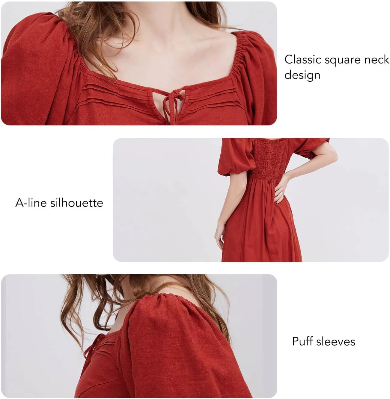 ASSUAL Womens Square Neck Midi Dress Short Puff Sleeve Side Split Smocked Back Casual Linen Dress for Summer