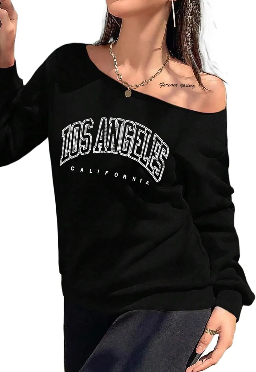 Avanova Women West Coast Graphic Off Shoulder Sweatshirt Boat Neck Long Sleeve Oversized Pullover Shirt