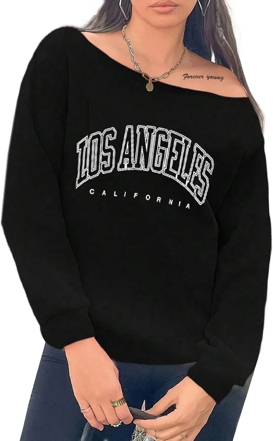 Avanova Women West Coast Graphic Off Shoulder Sweatshirt Boat Neck Long Sleeve Oversized Pullover Shirt