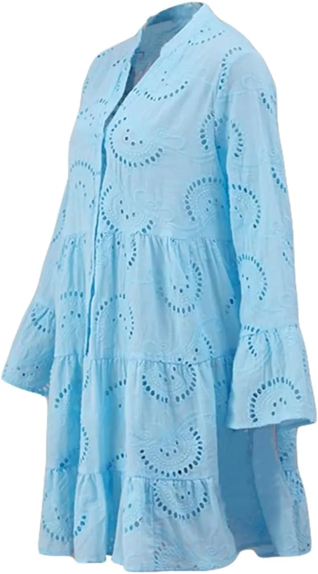 Awoscut Women's Summer Dresses Casual Flared Long Sleeve V Neck Loose Lace Shirt Dress Beach Swing Sundress