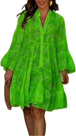 Awoscut Women's Summer Dresses Casual Flared Long Sleeve V Neck Loose Lace Shirt Dress Beach Swing Sundress