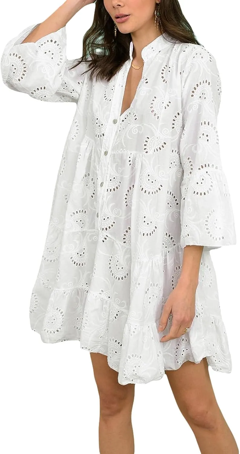 Awoscut Women's Summer Dresses Casual Flared Long Sleeve V Neck Loose Lace Shirt Dress Beach Swing Sundress