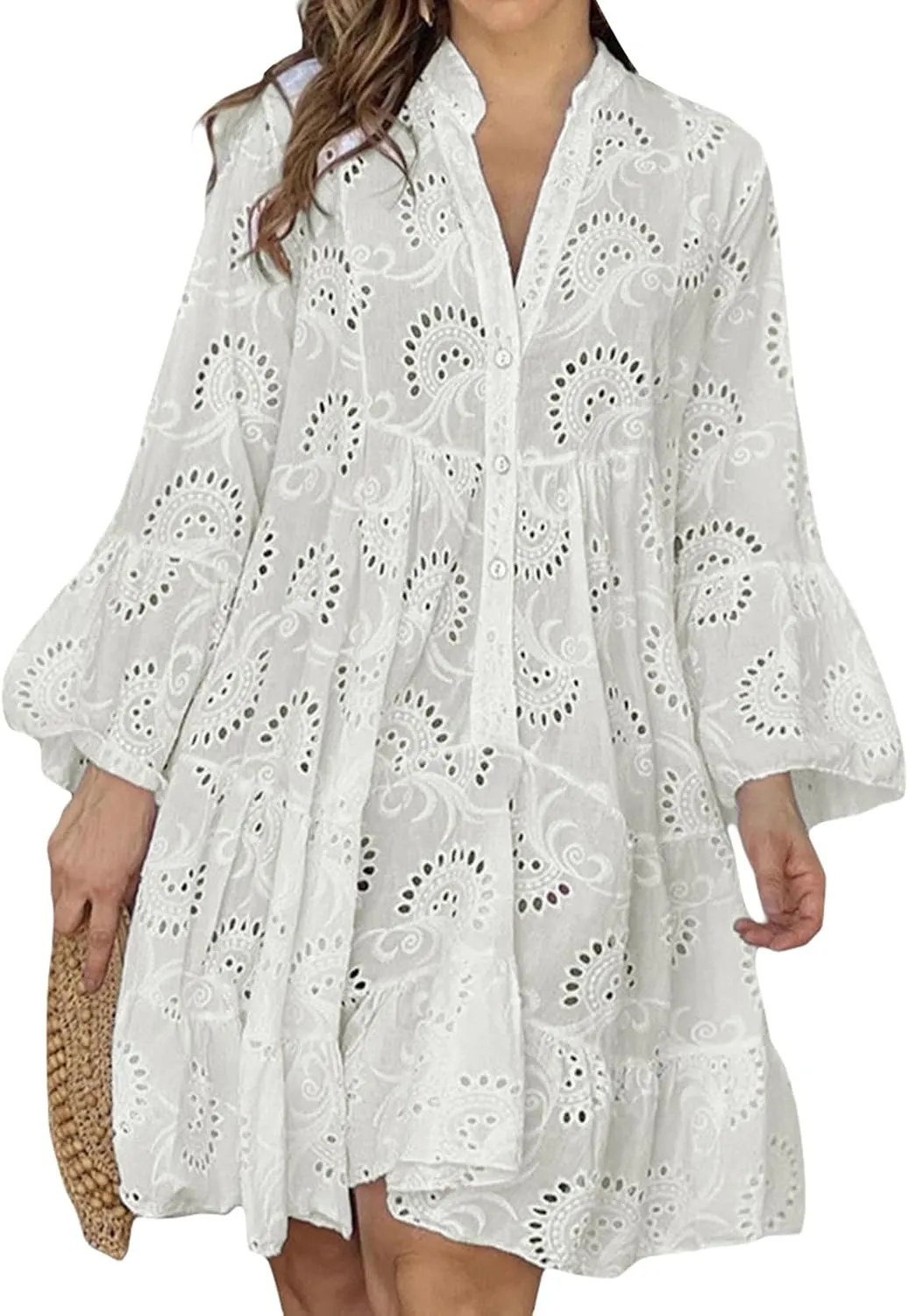 Awoscut Women's Summer Dresses Casual Flared Long Sleeve V Neck Loose Lace Shirt Dress Beach Swing Sundress