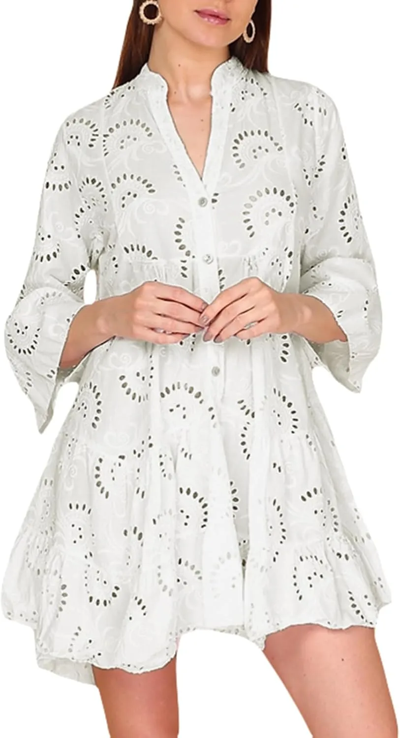 Awoscut Women's Summer Dresses Casual Flared Long Sleeve V Neck Loose Lace Shirt Dress Beach Swing Sundress