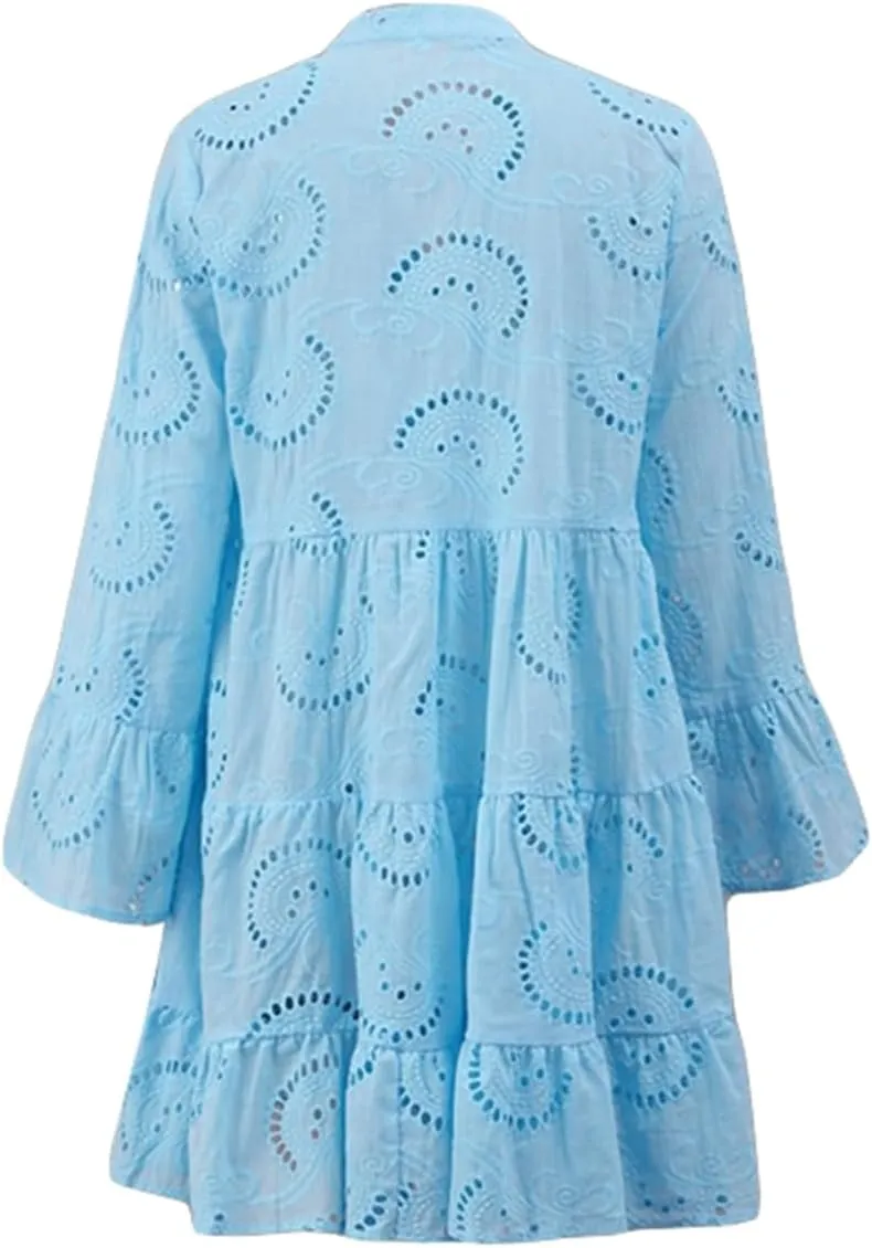 Awoscut Women's Summer Dresses Casual Flared Long Sleeve V Neck Loose Lace Shirt Dress Beach Swing Sundress