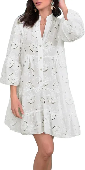 Awoscut Women's Summer Dresses Casual Flared Long Sleeve V Neck Loose Lace Shirt Dress Beach Swing Sundress