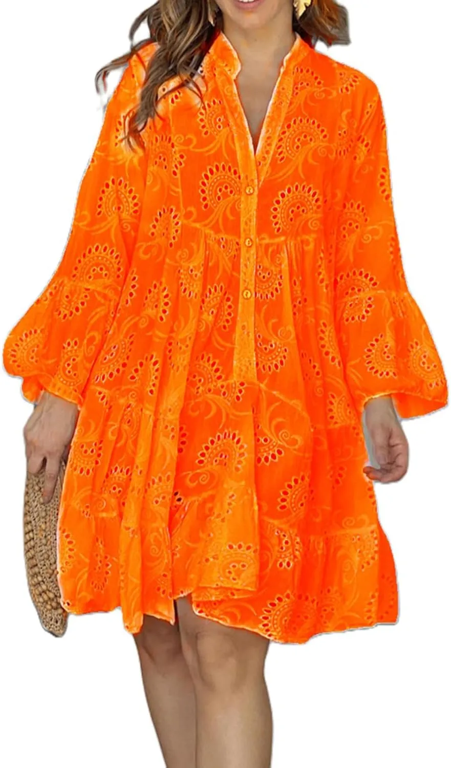 Awoscut Women's Summer Dresses Casual Flared Long Sleeve V Neck Loose Lace Shirt Dress Beach Swing Sundress