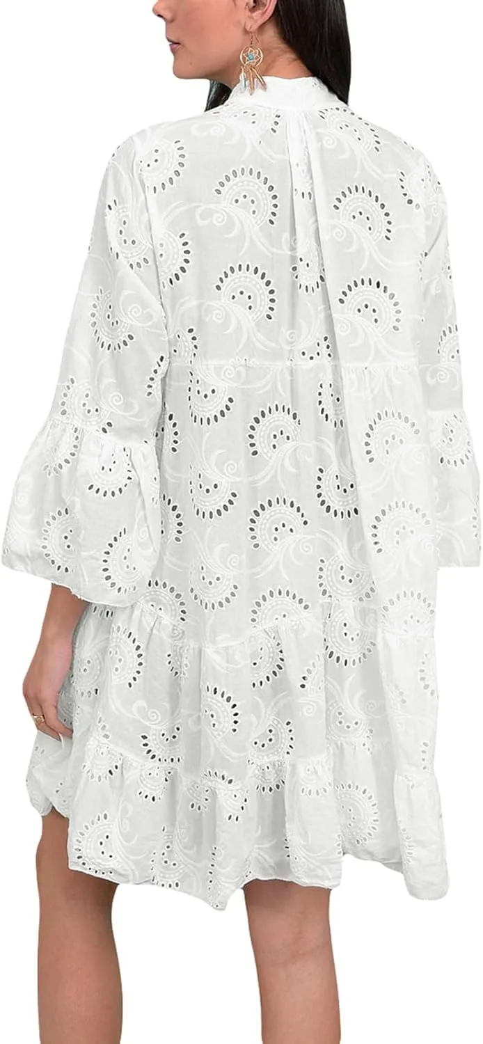 Awoscut Women's Summer Dresses Casual Flared Long Sleeve V Neck Loose Lace Shirt Dress Beach Swing Sundress