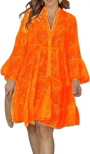 Awoscut Women's Summer Dresses Casual Flared Long Sleeve V Neck Loose Lace Shirt Dress Beach Swing Sundress