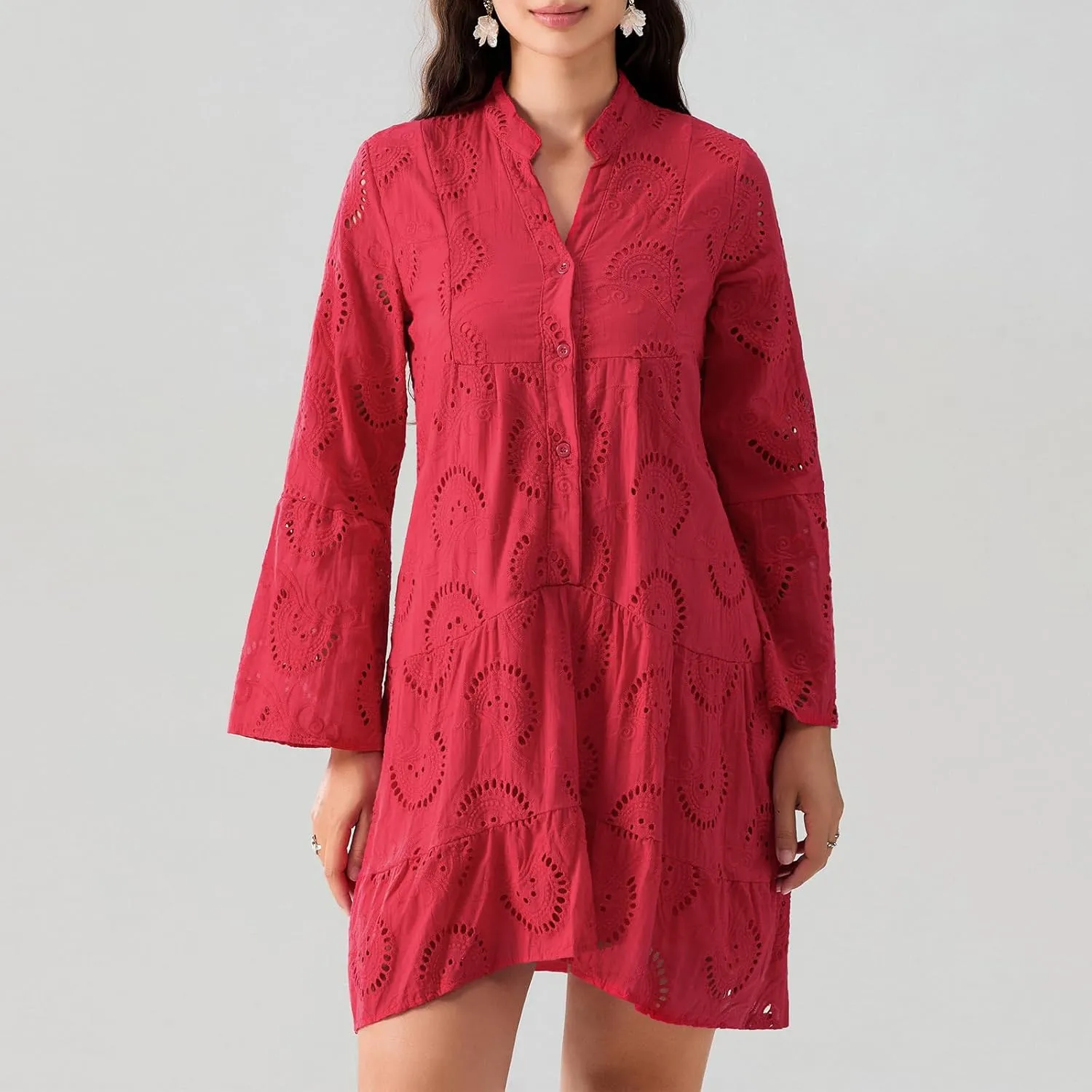 Awoscut Women's Summer Dresses Casual Flared Long Sleeve V Neck Loose Lace Shirt Dress Beach Swing Sundress