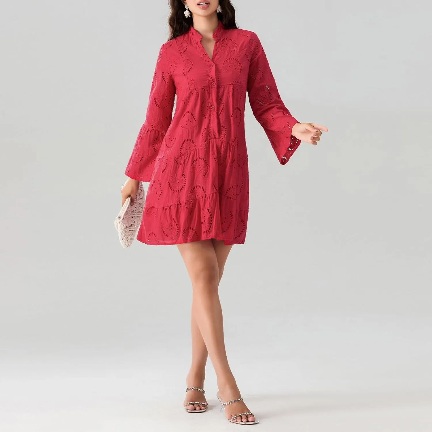 Awoscut Women's Summer Dresses Casual Flared Long Sleeve V Neck Loose Lace Shirt Dress Beach Swing Sundress