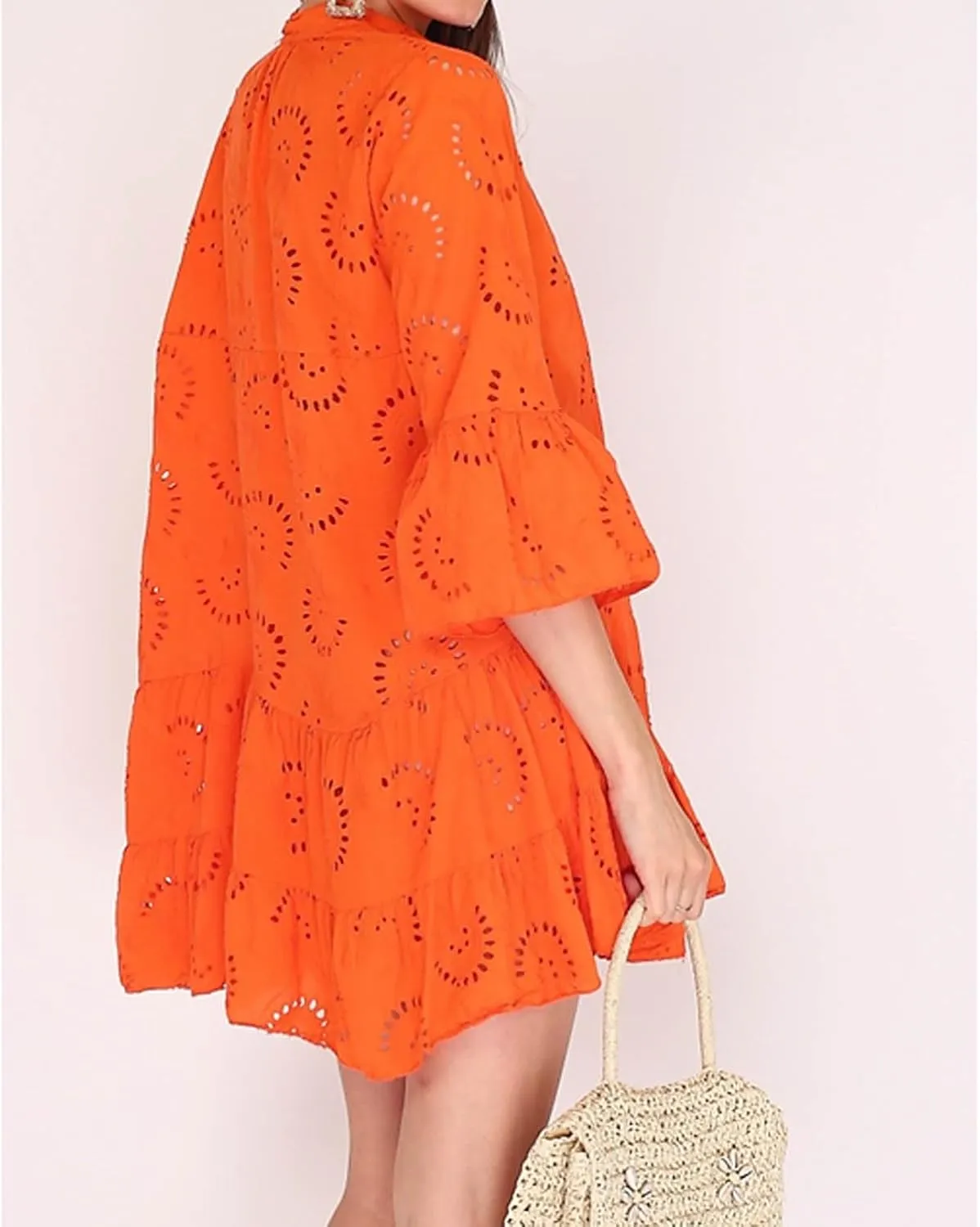 Awoscut Women's Summer Dresses Casual Flared Long Sleeve V Neck Loose Lace Shirt Dress Beach Swing Sundress