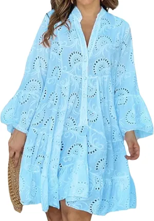 Awoscut Women's Summer Dresses Casual Flared Long Sleeve V Neck Loose Lace Shirt Dress Beach Swing Sundress