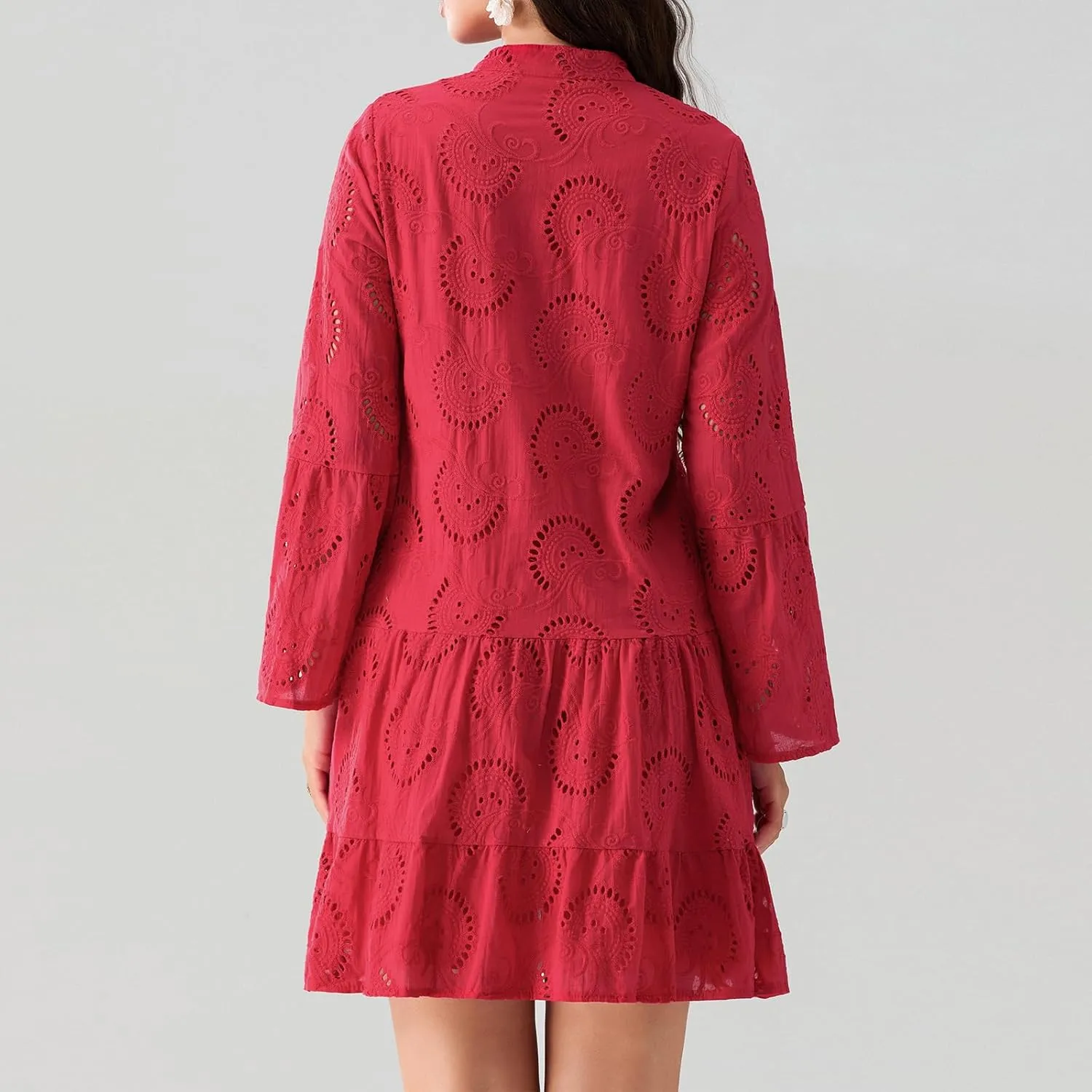 Awoscut Women's Summer Dresses Casual Flared Long Sleeve V Neck Loose Lace Shirt Dress Beach Swing Sundress