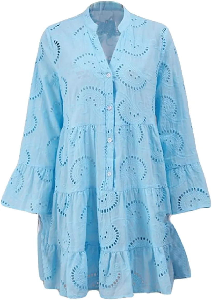 Awoscut Women's Summer Dresses Casual Flared Long Sleeve V Neck Loose Lace Shirt Dress Beach Swing Sundress