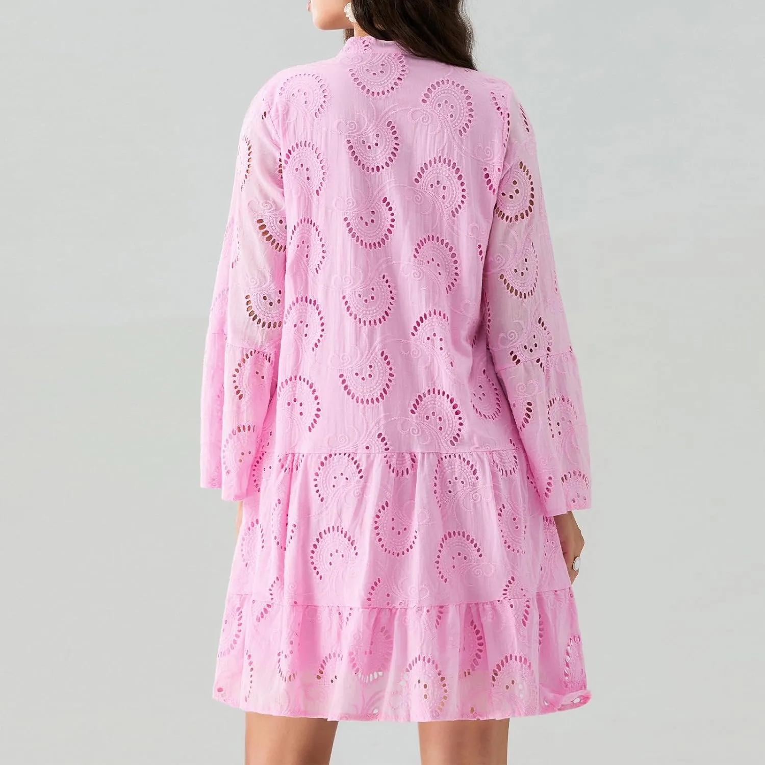 Awoscut Women's Summer Dresses Casual Flared Long Sleeve V Neck Loose Lace Shirt Dress Beach Swing Sundress