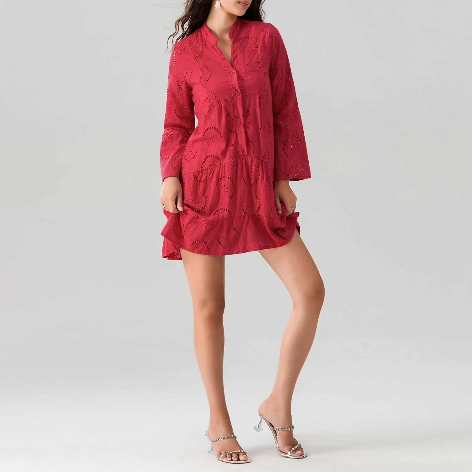 Awoscut Women's Summer Dresses Casual Flared Long Sleeve V Neck Loose Lace Shirt Dress Beach Swing Sundress