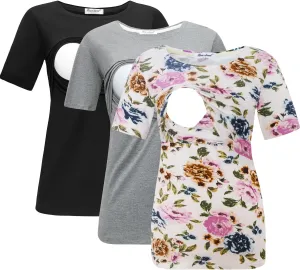 Bearsland Women's 3 Packs Maternity Nursing Tops Short Sleeve Breastfeeding Shirts