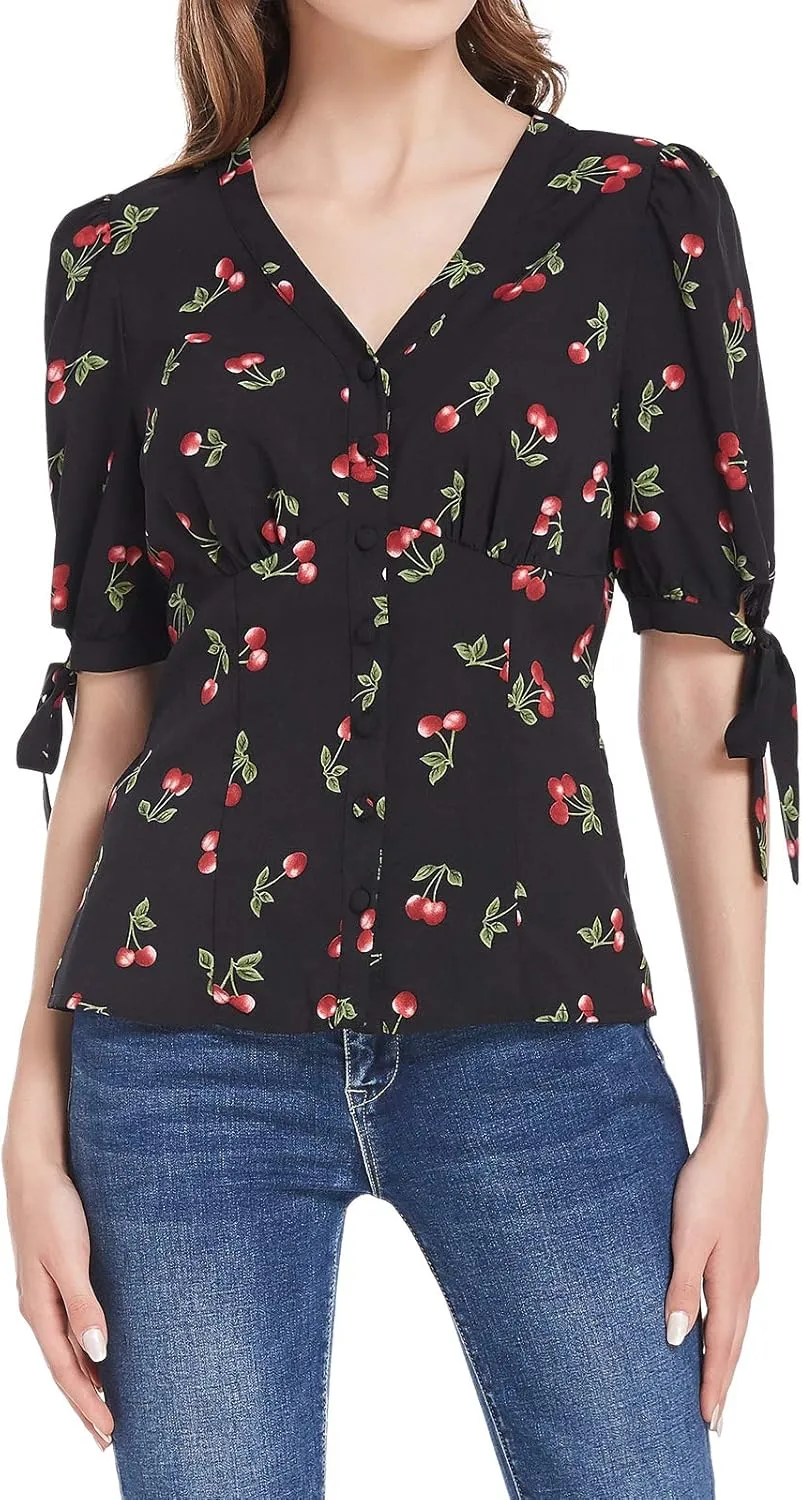Belle Poque Women's V Neck Puff Sleeve Blouse Vintage Shirts for Women 1950s