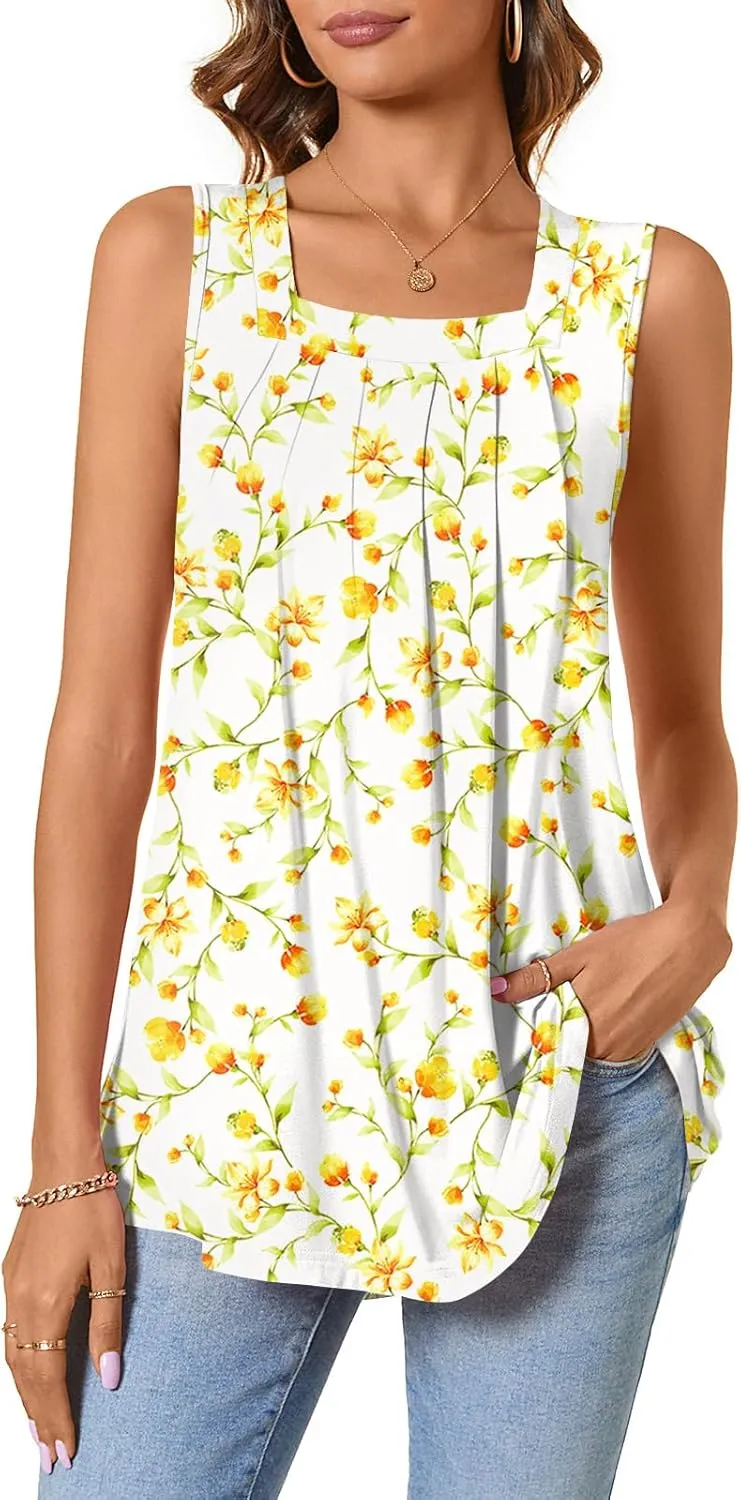 BISHUIGE Womens Summer Pleated Shirts Sleeveless Loose Fit Hem Tank Tops
