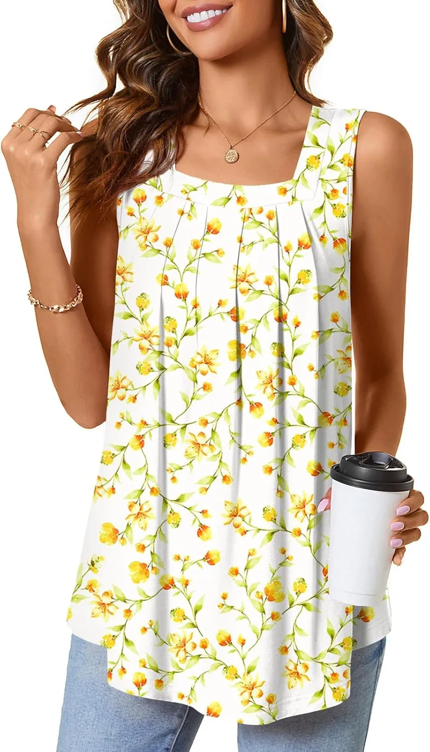 BISHUIGE Womens Summer Pleated Shirts Sleeveless Loose Fit Hem Tank Tops