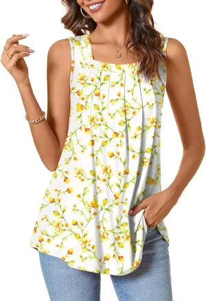 BISHUIGE Womens Summer Pleated Shirts Sleeveless Loose Fit Hem Tank Tops