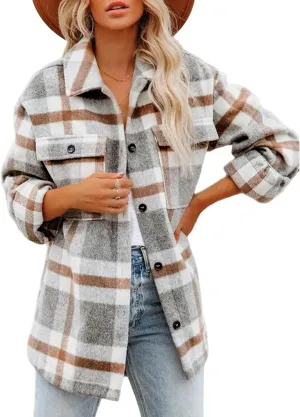 Blansdi Womens Flannel Shacket Plaid Long Sleeve Button Down Flannel Shirts Jacket Fall Winter Spring Outfits