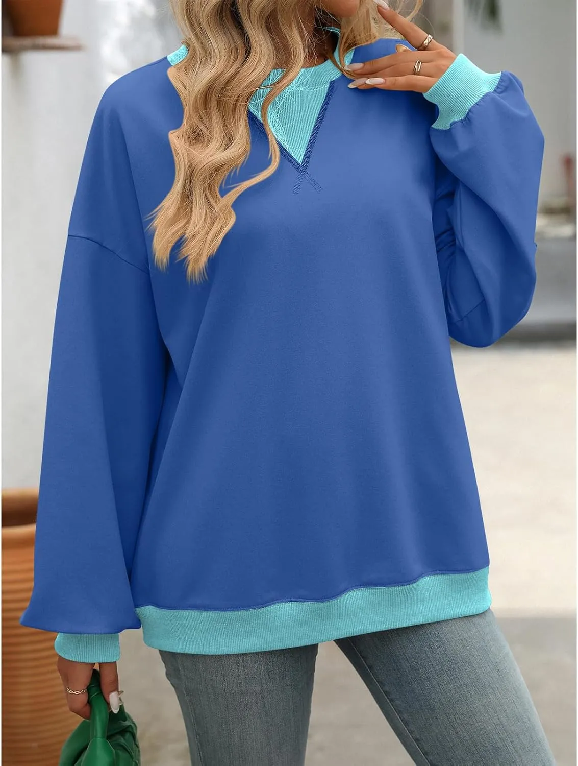 Blostirno Women's Oversized Colorblock Sweatshirt Casual Crewneck Long Sleeve Pullover Shirts Y2K Clothes Loose Preppy Tops