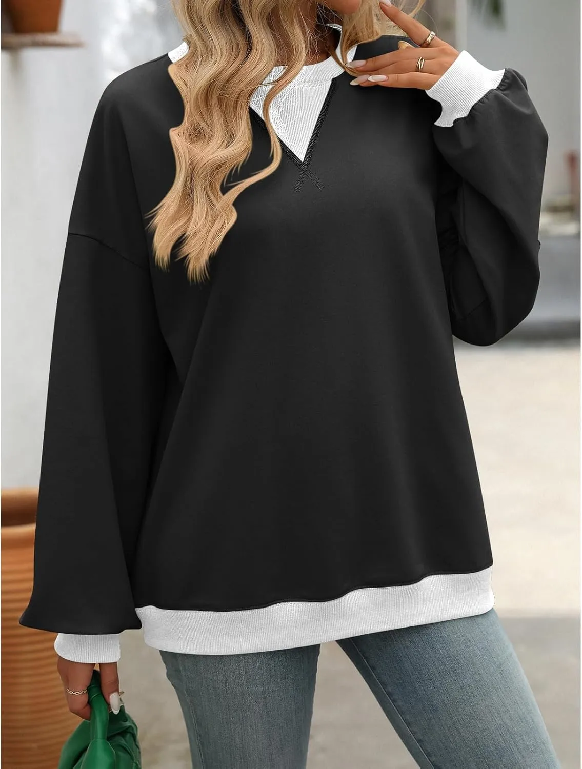 Blostirno Women's Oversized Colorblock Sweatshirt Casual Crewneck Long Sleeve Pullover Shirts Y2K Clothes Loose Preppy Tops