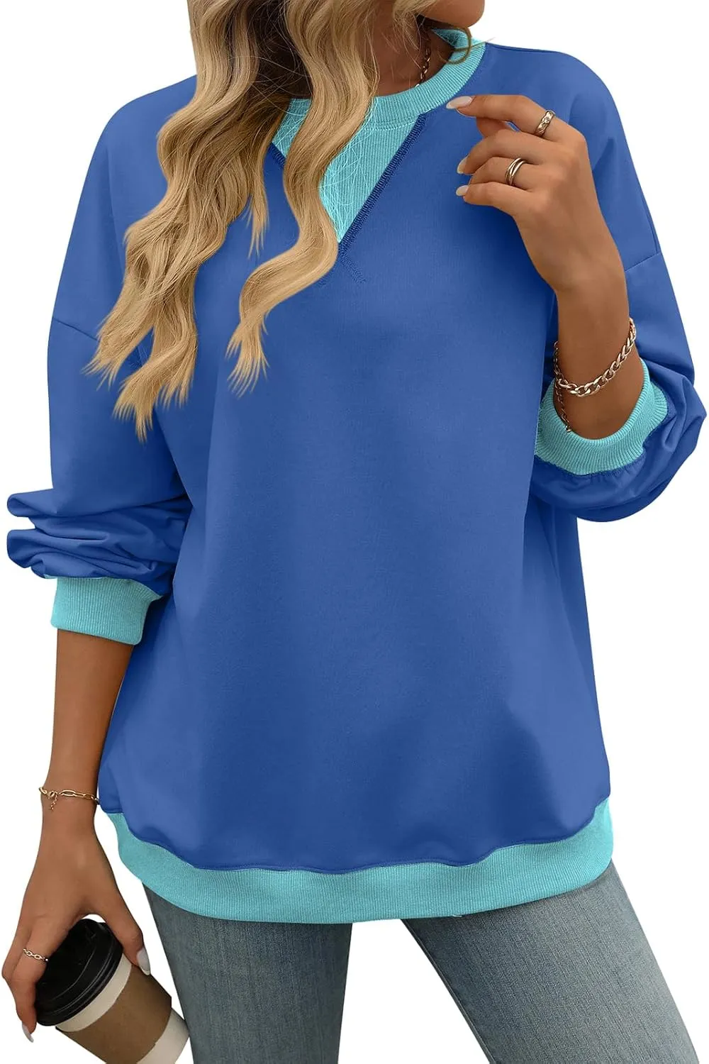 Blostirno Women's Oversized Colorblock Sweatshirt Casual Crewneck Long Sleeve Pullover Shirts Y2K Clothes Loose Preppy Tops