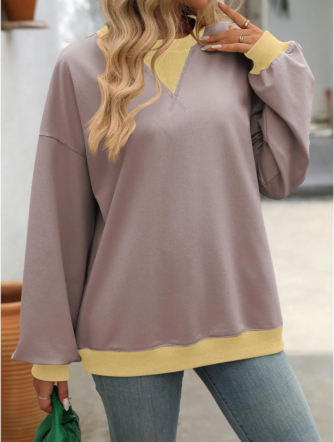 Blostirno Women's Oversized Colorblock Sweatshirt Casual Crewneck Long Sleeve Pullover Shirts Y2K Clothes Loose Preppy Tops