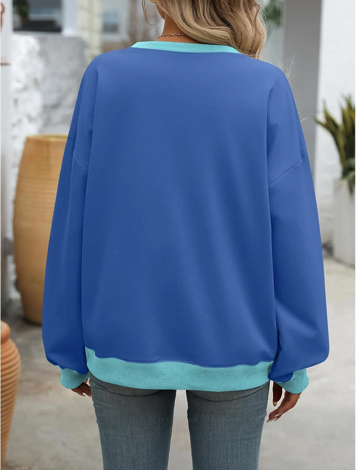 Blostirno Women's Oversized Colorblock Sweatshirt Casual Crewneck Long Sleeve Pullover Shirts Y2K Clothes Loose Preppy Tops
