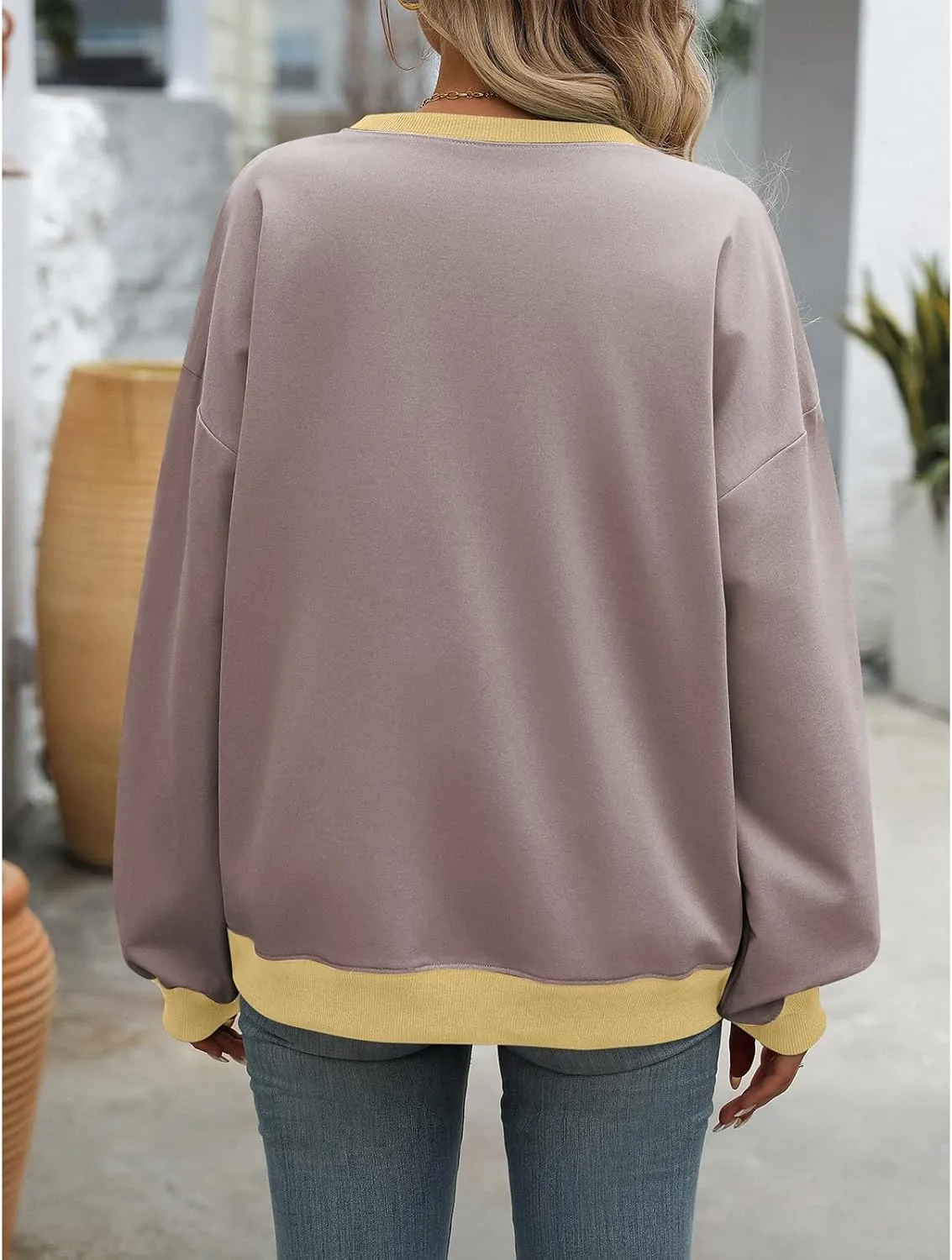 Blostirno Women's Oversized Colorblock Sweatshirt Casual Crewneck Long Sleeve Pullover Shirts Y2K Clothes Loose Preppy Tops