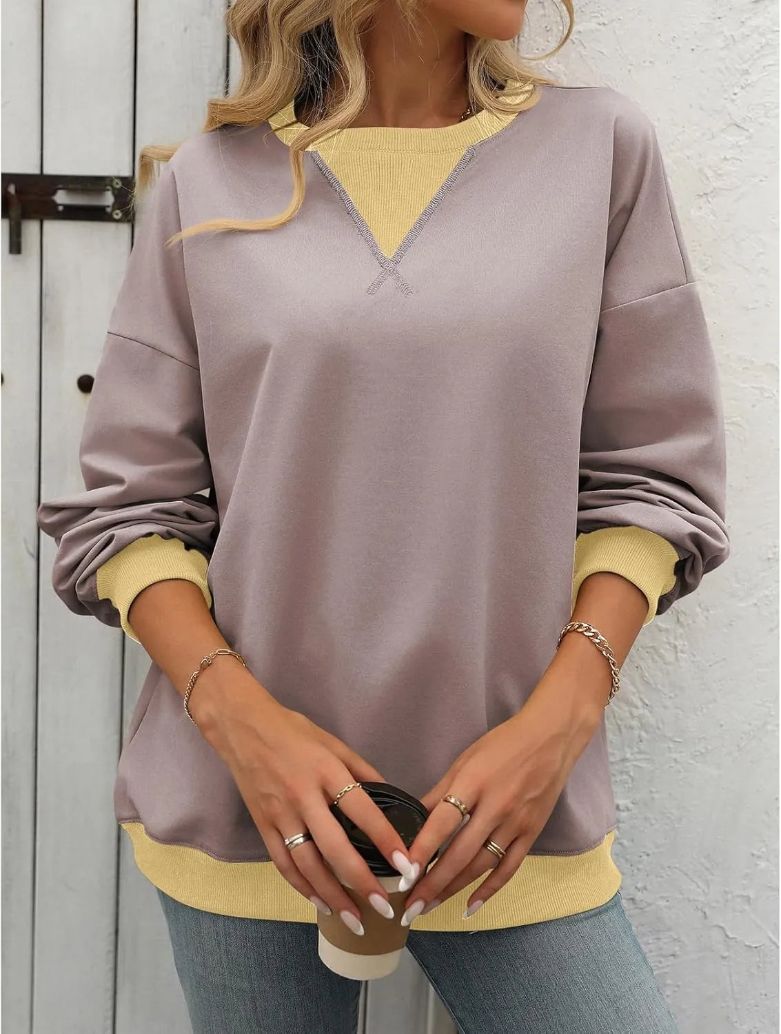Blostirno Women's Oversized Colorblock Sweatshirt Casual Crewneck Long Sleeve Pullover Shirts Y2K Clothes Loose Preppy Tops