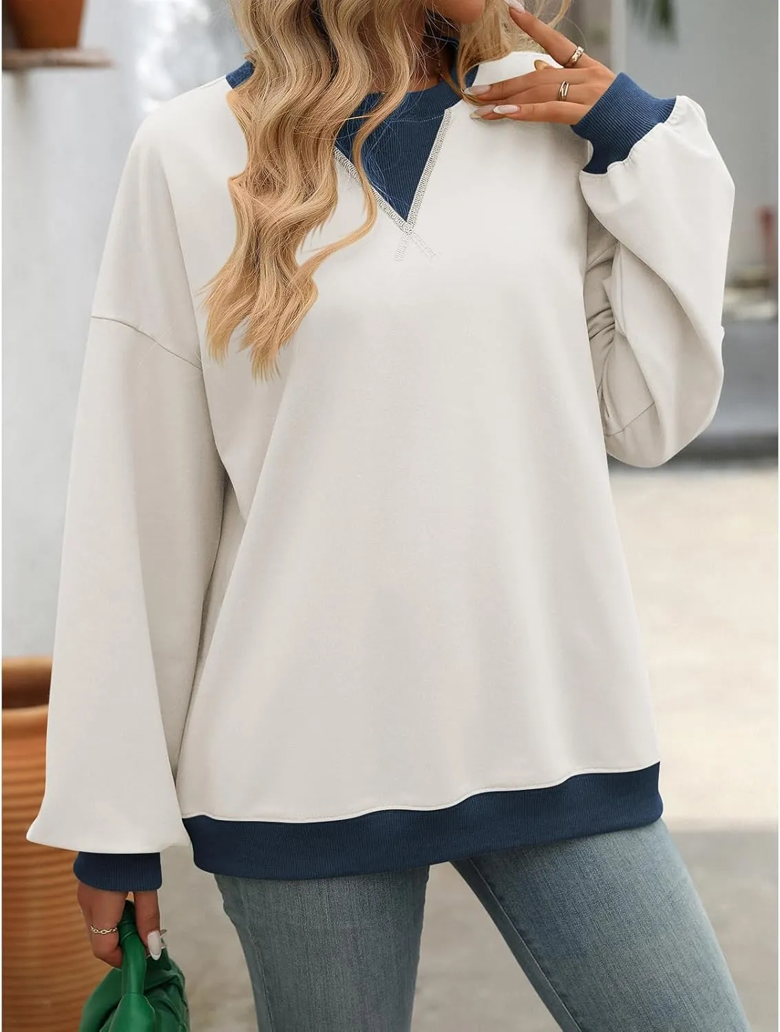Blostirno Women's Oversized Colorblock Sweatshirt Casual Crewneck Long Sleeve Pullover Shirts Y2K Clothes Loose Preppy Tops