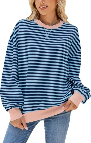 Blostirno Womens Oversized Striped Crewneck Sweatshirt Long Sleeve Colorblock Hoodies Shirts Fall Pullover Tops