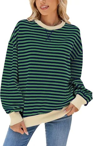 Blostirno Womens Oversized Striped Crewneck Sweatshirt Long Sleeve Colorblock Hoodies Shirts Fall Pullover Tops