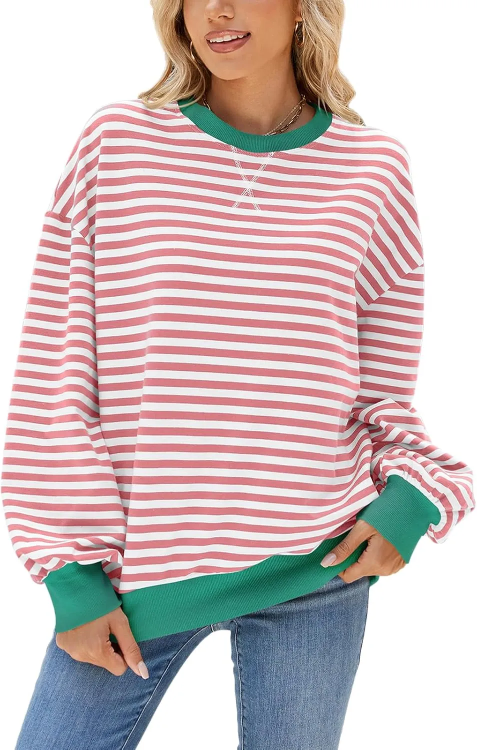 Blostirno Womens Oversized Striped Crewneck Sweatshirt Long Sleeve Colorblock Hoodies Shirts Fall Pullover Tops