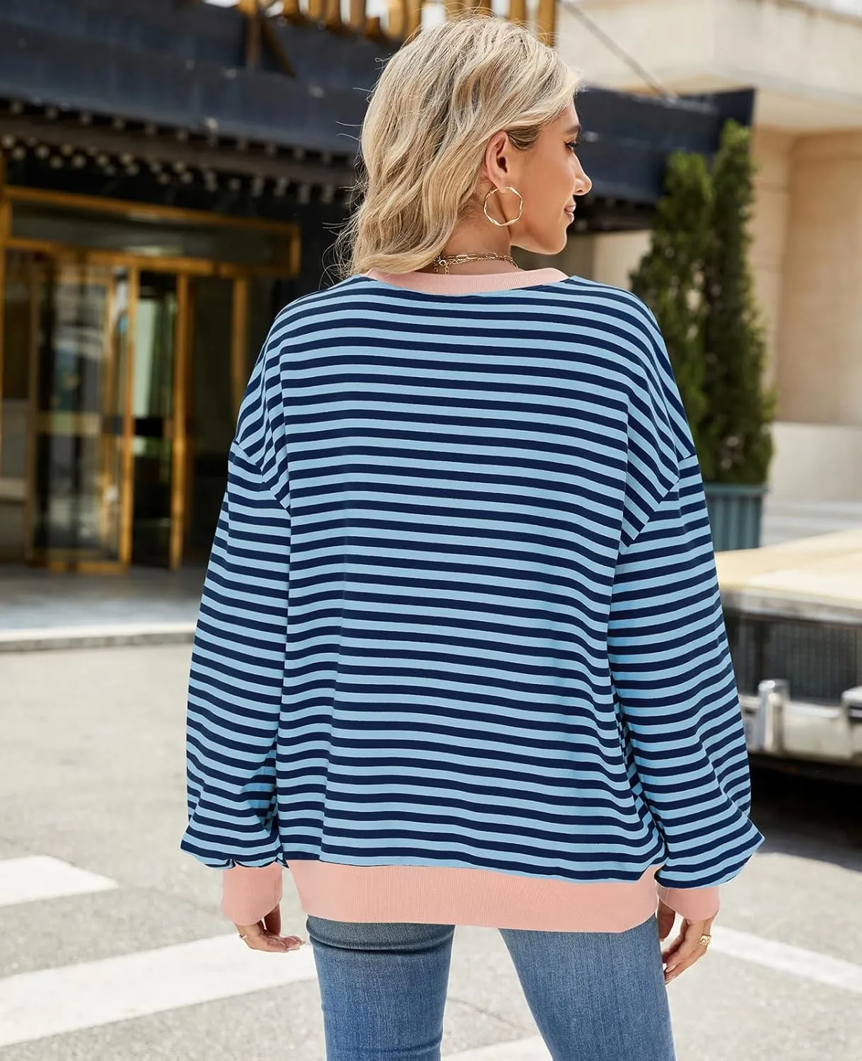 Blostirno Womens Oversized Striped Crewneck Sweatshirt Long Sleeve Colorblock Hoodies Shirts Fall Pullover Tops